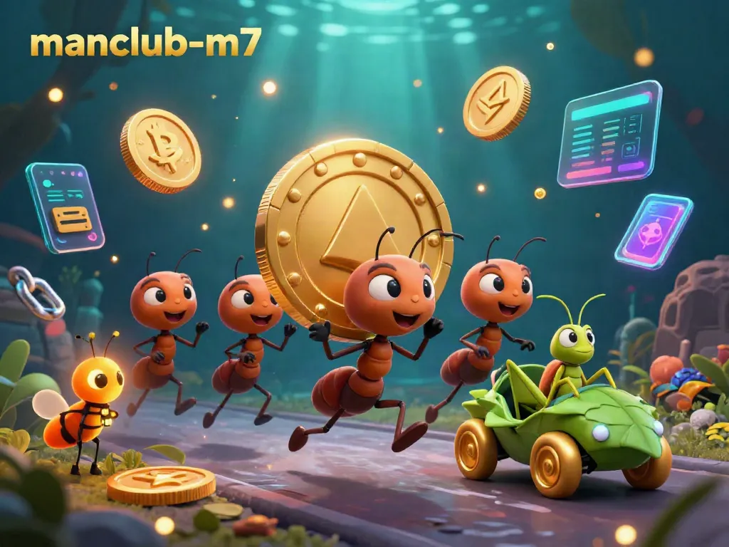 Experience the thrill of manclub-m7 with a heist-themed 3D illustration featuring ants, poker chips, and glowing crypto coins.