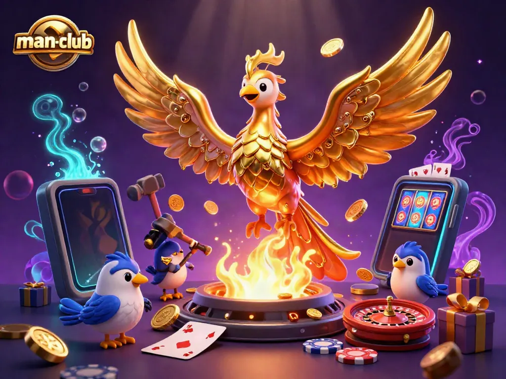Immerse in the man-club casino experience with molten gold phoenix and animated game elements.