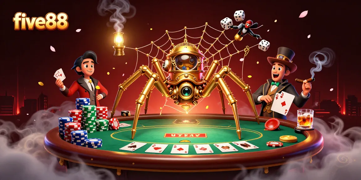 Bet on five88 with a dynamic 3D illustration featuring a magical steampunk spider and poker elements.