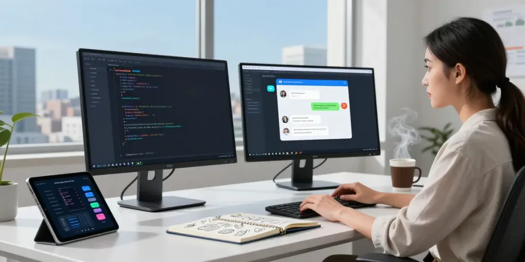 Developer engaged in unfiltered AI chat programming at a modern tech workspace with multiple screens.