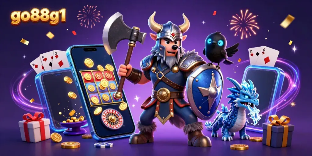 Experience the excitement of gaming at go88g1 with a Viking wolf, dragon, and casino elements.