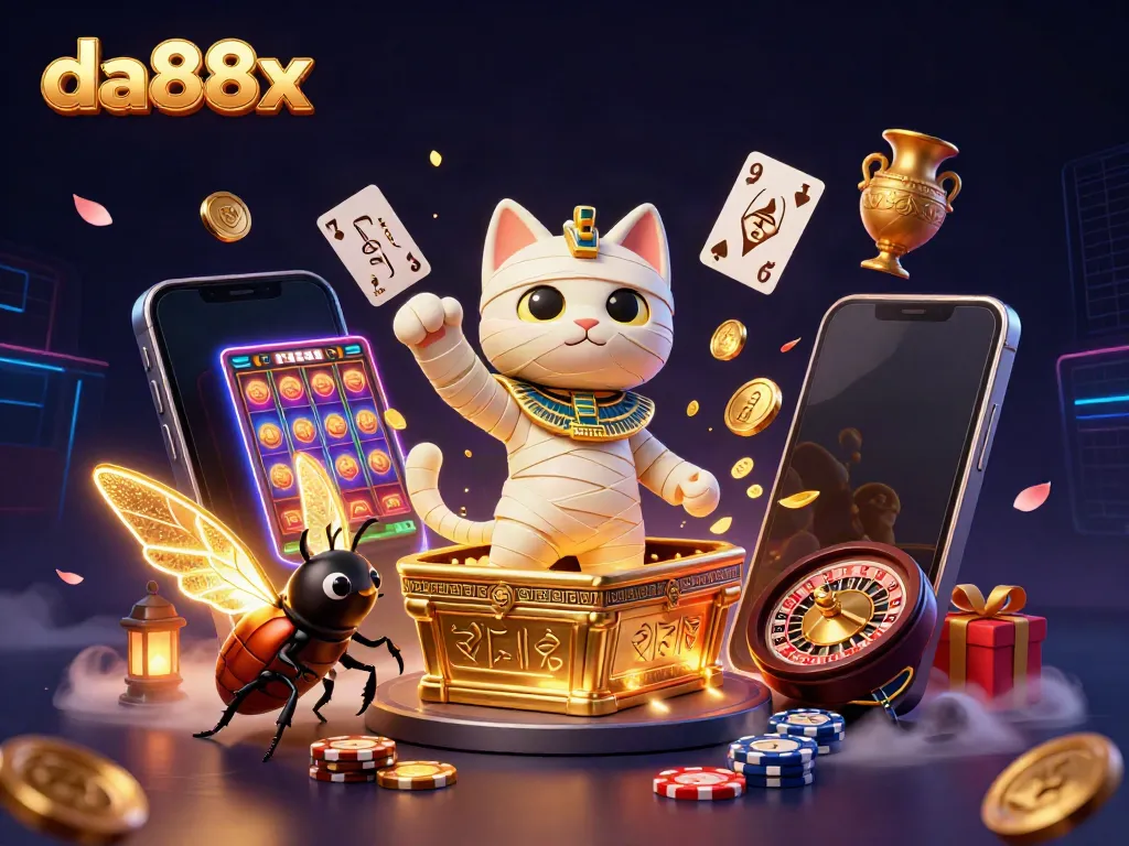 Engage in the thrilling world of da88x with a mesmerizing 3D Egyptian mummy cat casino scene.