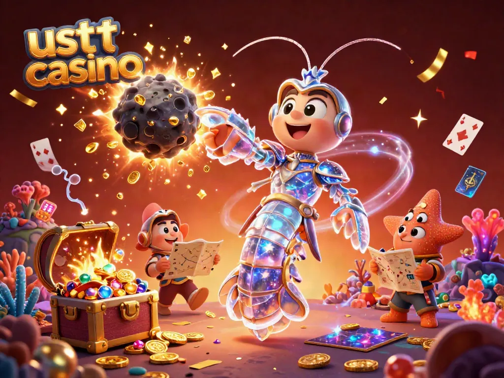 Engage in fun with the usdt casino, showcasing vibrant characters and floating casino elements