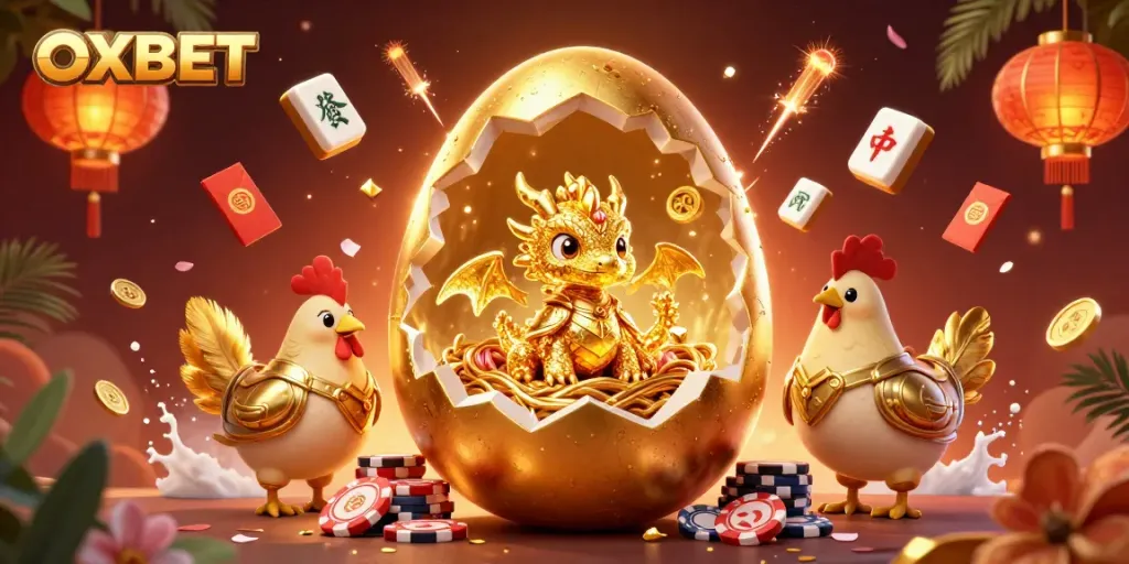 Experience OXBET's thrilling atmosphere with a golden dragon amidst poker chips and festive elements.