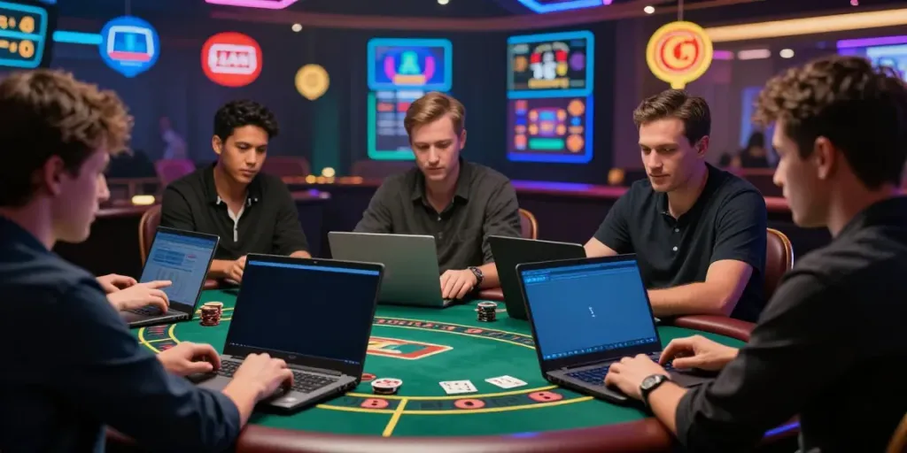 Joueurs engagés dans le blackjack en ligne avec des graphismes colorés.