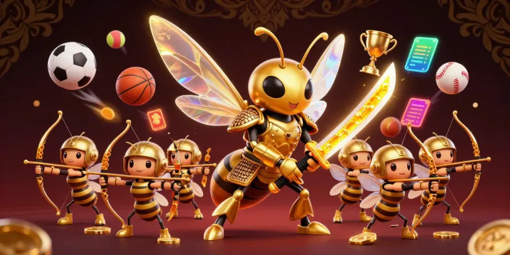 u888's vibrant and dynamic gambling illustration showcases gaming excitement with a golden hornet and sports elements.