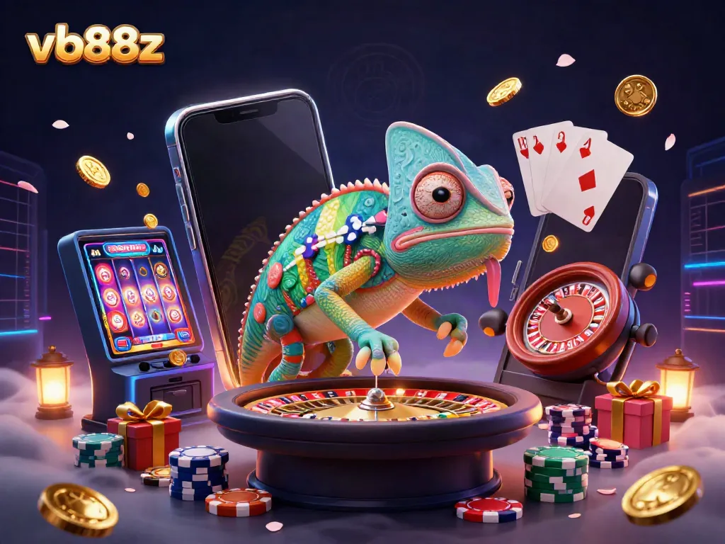 Experience the vibrant world of gambling at vb88z with a dynamic chameleon casino owner amidst games and excitement.