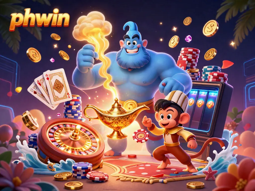 Engage with phwin's exciting world of gaming with a vibrant 3D illustration showcasing a genie, poker chips, and casino elements.