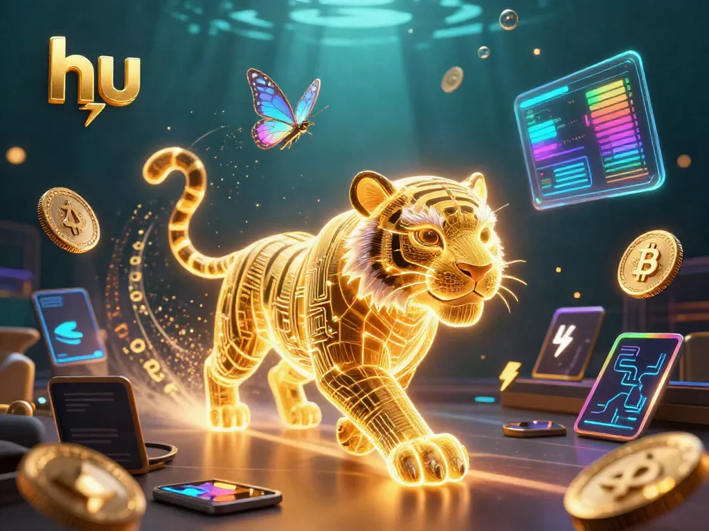 Experience a vibrant digital casino scene with a golden tiger embodying the essence of hu and cryptocurrency excitement.