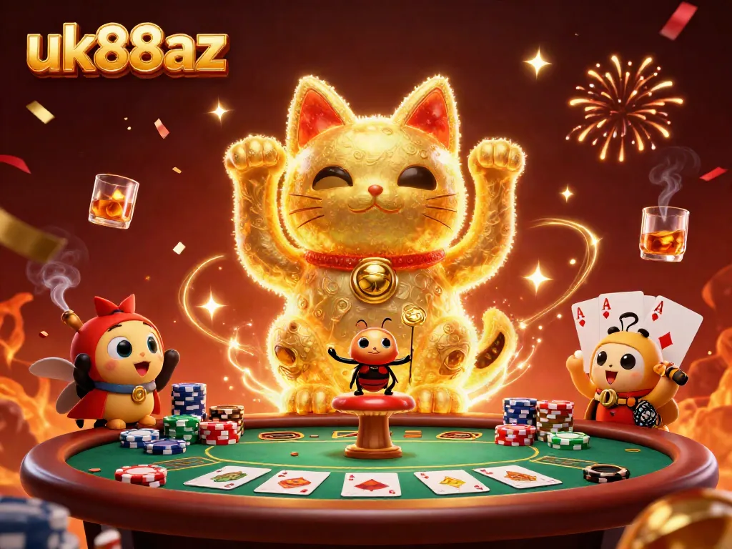 Engage in thrilling wins at uk88az with a lively casino scene featuring a playful lucky cat.