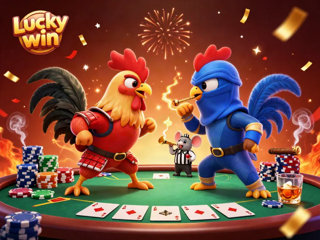 Engaging scene from Lucky win casino featuring fighting roosters, poker elements, and vibrant effects