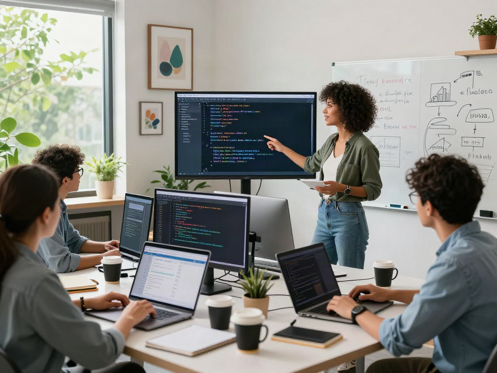 Développeurs collaborant à un projet de logiciel Atlas pro dans un bureau moderne, ambiance dynamique.