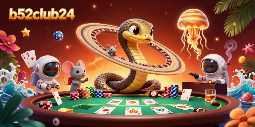 Engage in thrilling bets at b52club24 with 3D characters around an exciting roulette wheel.