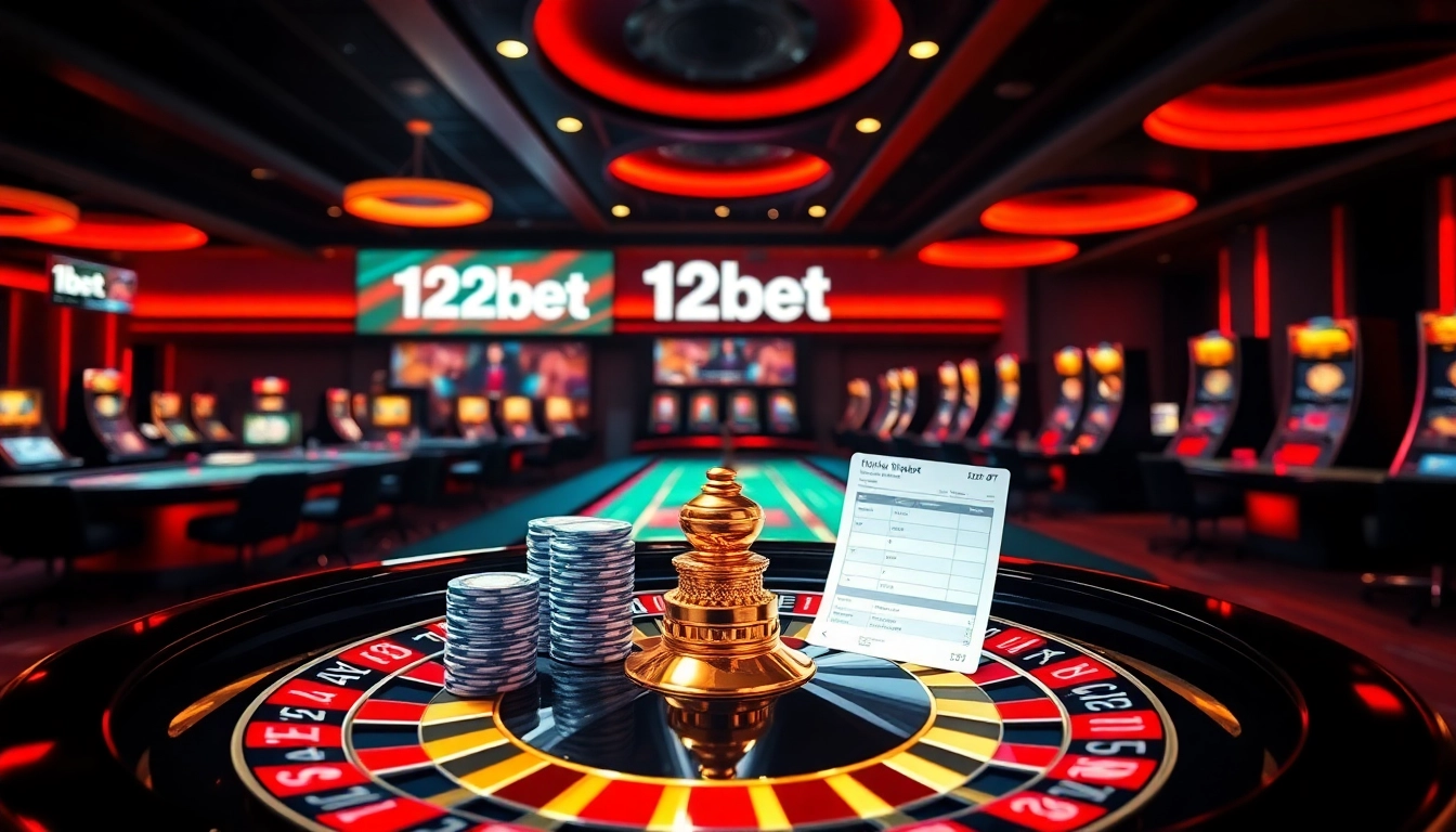 Engage in exciting betting with link 12bet showcased through a luxurious casino interface featuring roulette and poker elements.