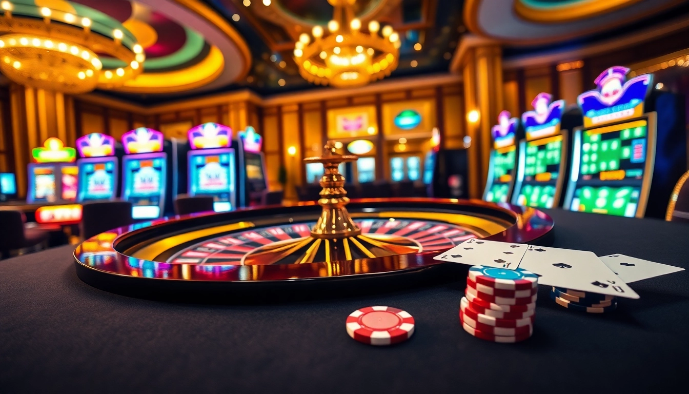 Exciting online casino atmosphere with roulette, poker chips, and illuminated slot machines in casinos en ligne.