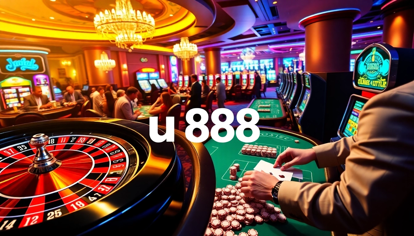 Excitement of u 888 casino gameplay with roulette, poker, and colorful slot machines.