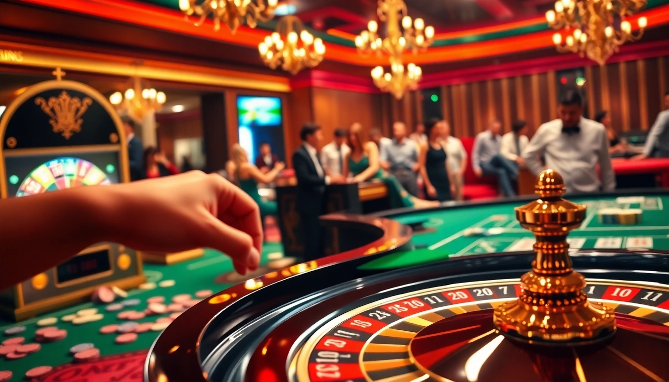 Experience thrilling gameplay at a bonus sans depot casino francais, showcasing excited players at roulette and poker tables.