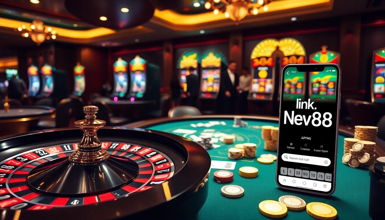 Engage in thrilling gaming at New88 with a vibrant casino scene featuring roulette and poker.
