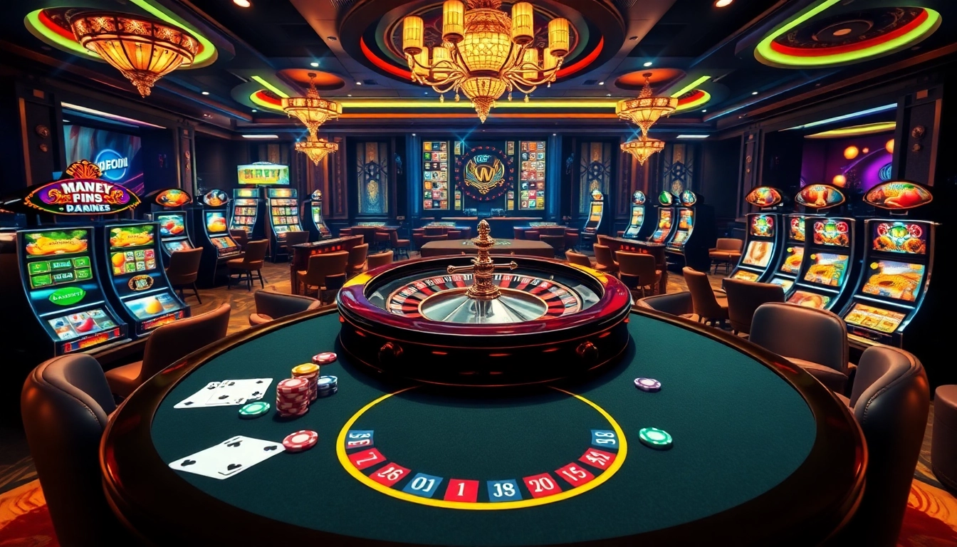 Vue d'une configuration de jeu en ligne luxueuse montrant les fonctionnalités du Casino en Ligne Meilleur Site telles que des tables de roulette et de poker.