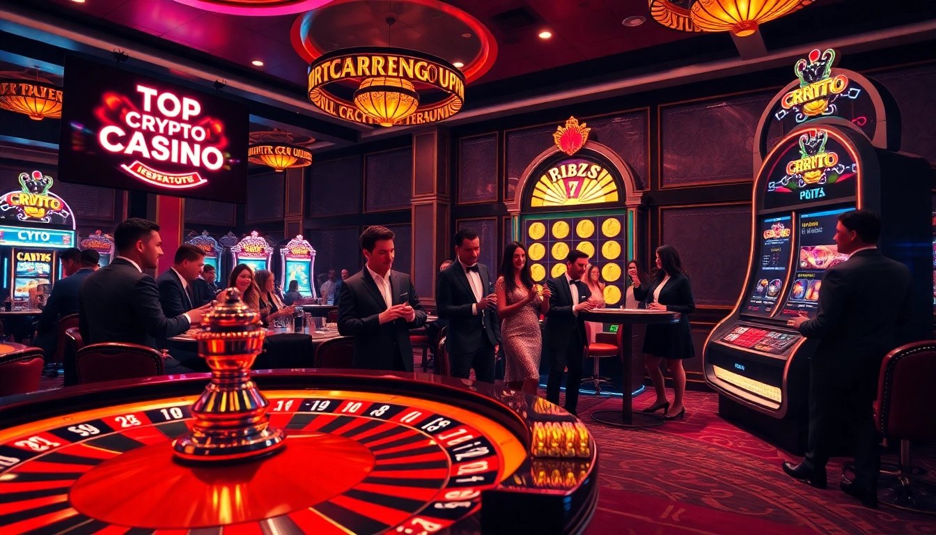 Des joueurs gagnant gros dans les casinos crypto, entourés de tables de casino colorées et de machines à sous.