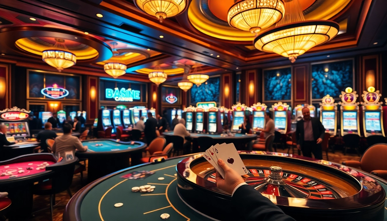 A vibrant casino scene showcasing players enjoying games at les meilleur casino en ligne, filled with excitement and luxury.