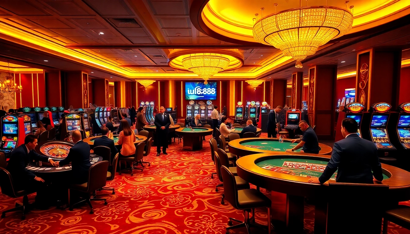 Excitement of players engaging in games at UU8888 casino with luxury interiors and vibrant atmosphere.