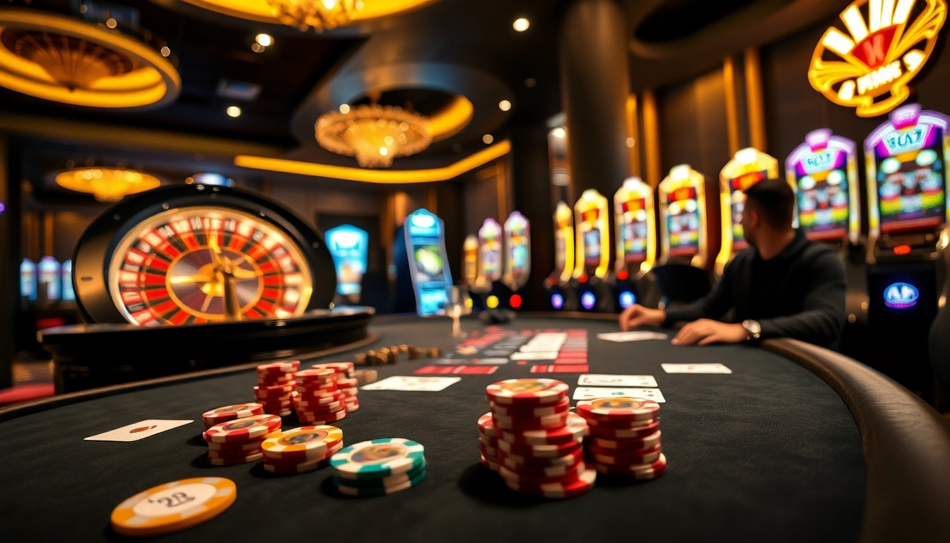 Players engaging in thrilling games at the Bk33 club casino with vibrant tables and attractive slot machines.