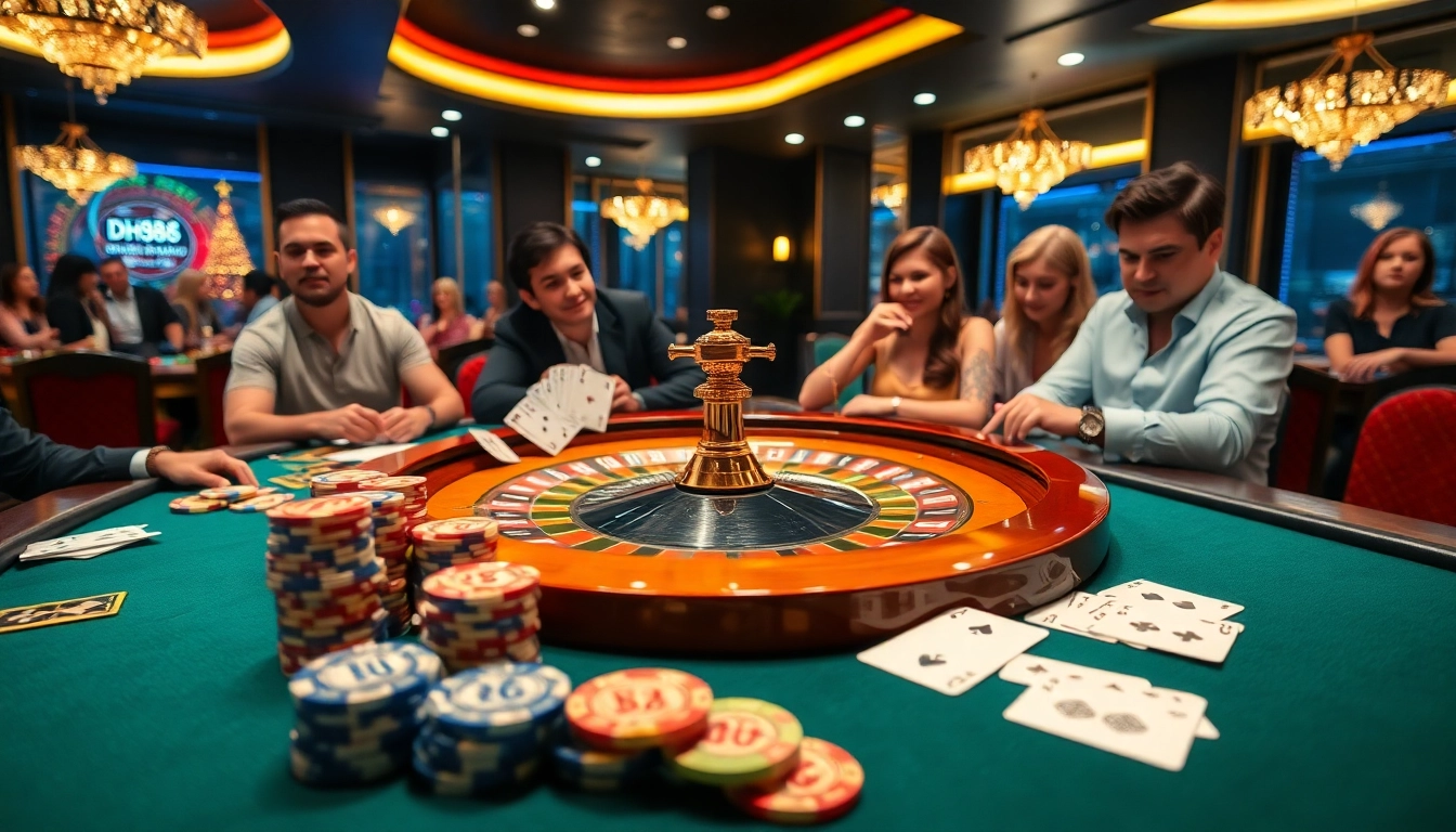 DH88 gamblers enjoying a vibrant table game experience with high-quality poker chips and cards.