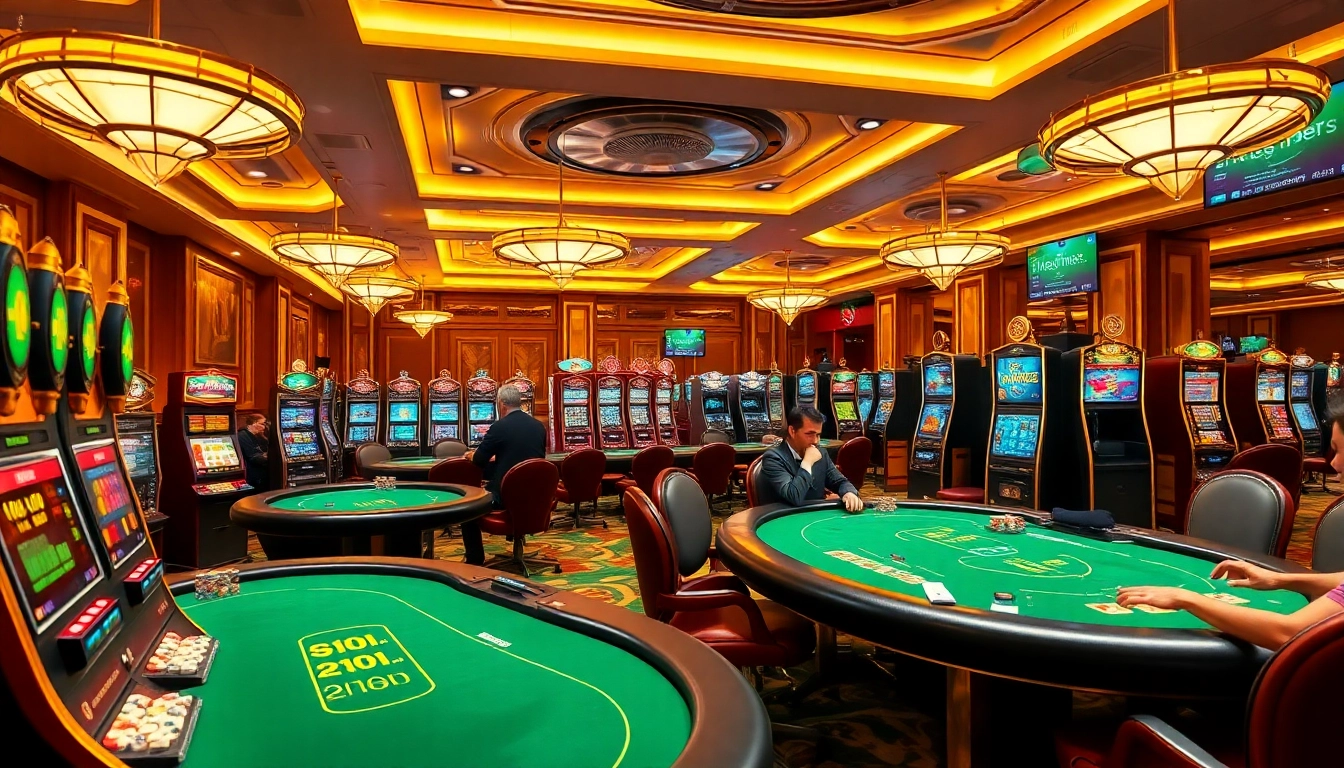 Experience thrilling gameplay with mv88 at an upscale casino with vibrant gaming tables and slot machines.