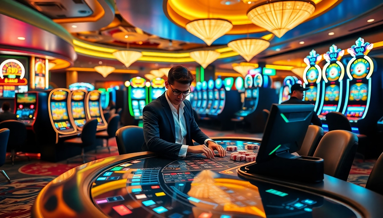 Lively scene of casino en ligne 2026 showcasing players at high-stakes gaming table with vibrant lights.