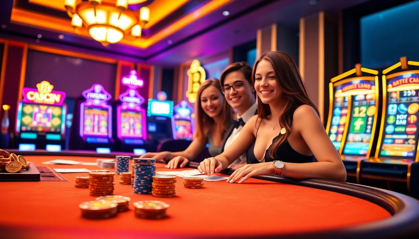 Players enjoying thrilling games at a Bitcoin casino with vibrant gaming tables and slot machines.