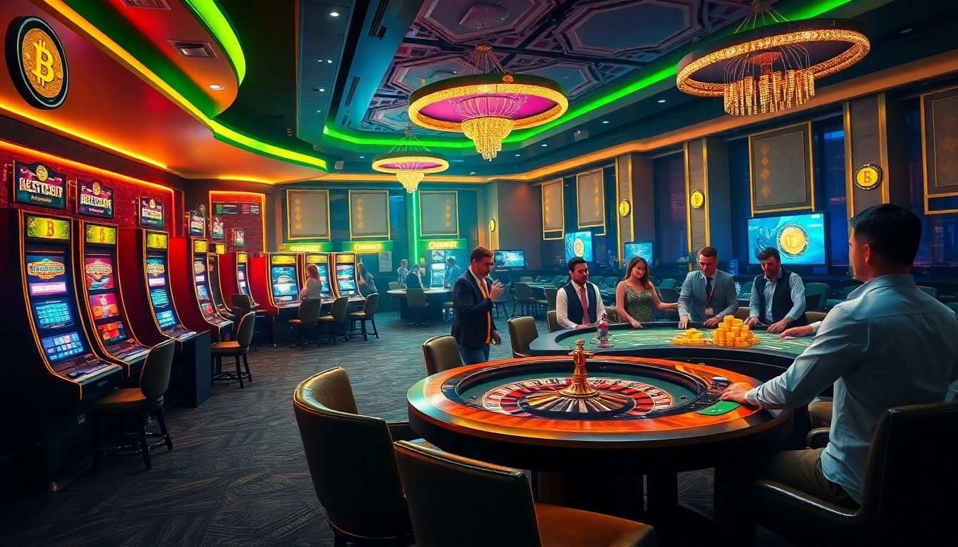 Exciting gameplay at a Bitcoin casino with vibrant machines and enthusiastic players.