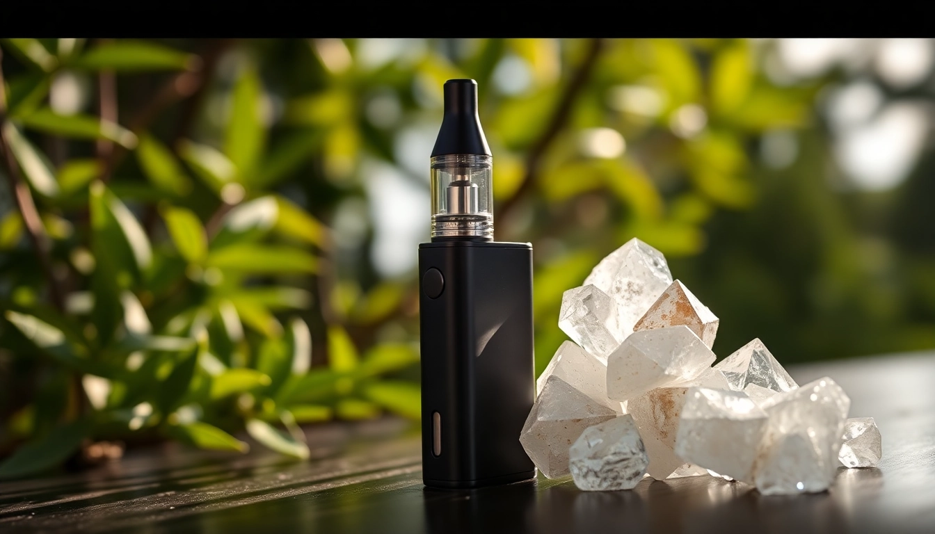 Buy DMT in Colorado featuring a professional vape pen and DMT crystals in a serene setting.