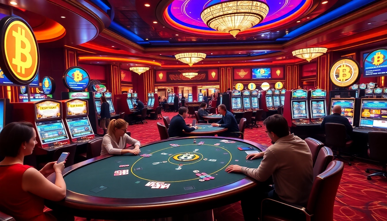 Dynamic gaming scene at a Bitcoin casino with players, vibrant slot machines, and poker tables.