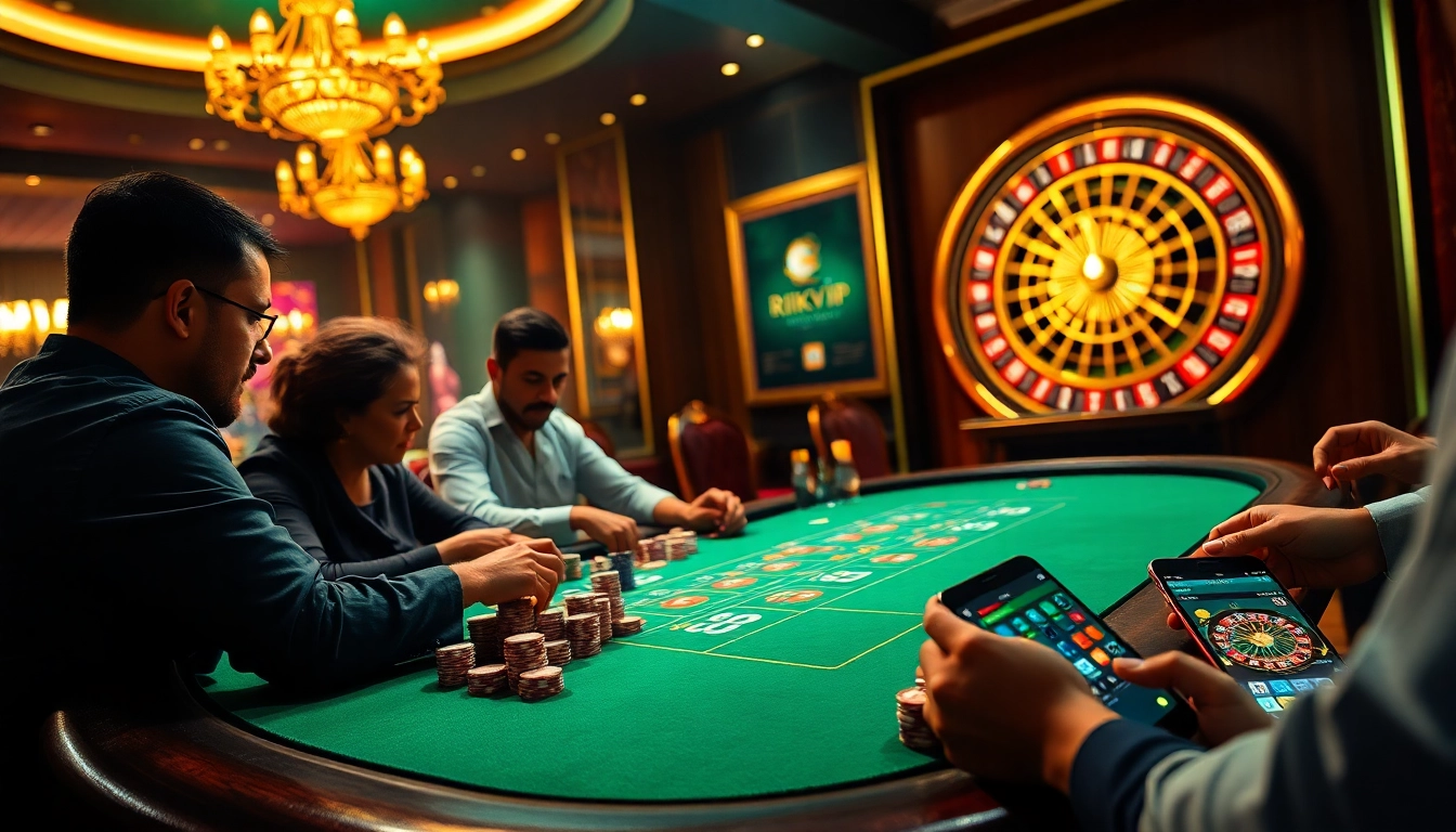 Players engaging in a high-stakes game on rikvip's vibrant casino table.