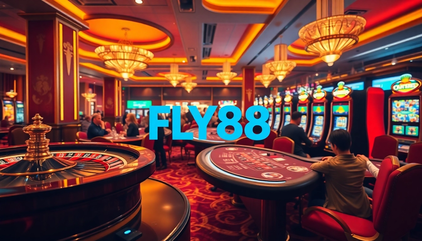 Engaging FLY88 casino scene with players at roulette and blackjack tables.