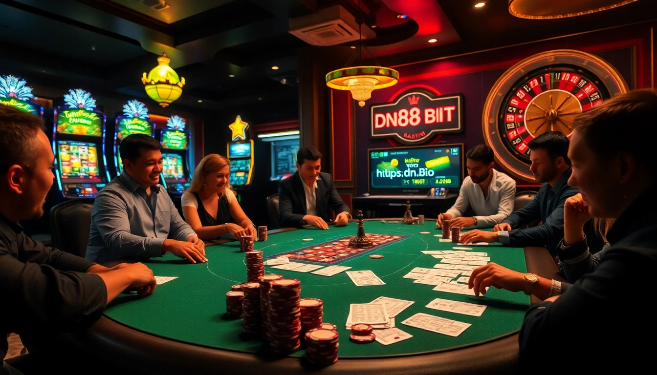 Engaging poker players strategizing at the table with chips and cards on https://dn88.bio/ in an exciting casino atmosphere.