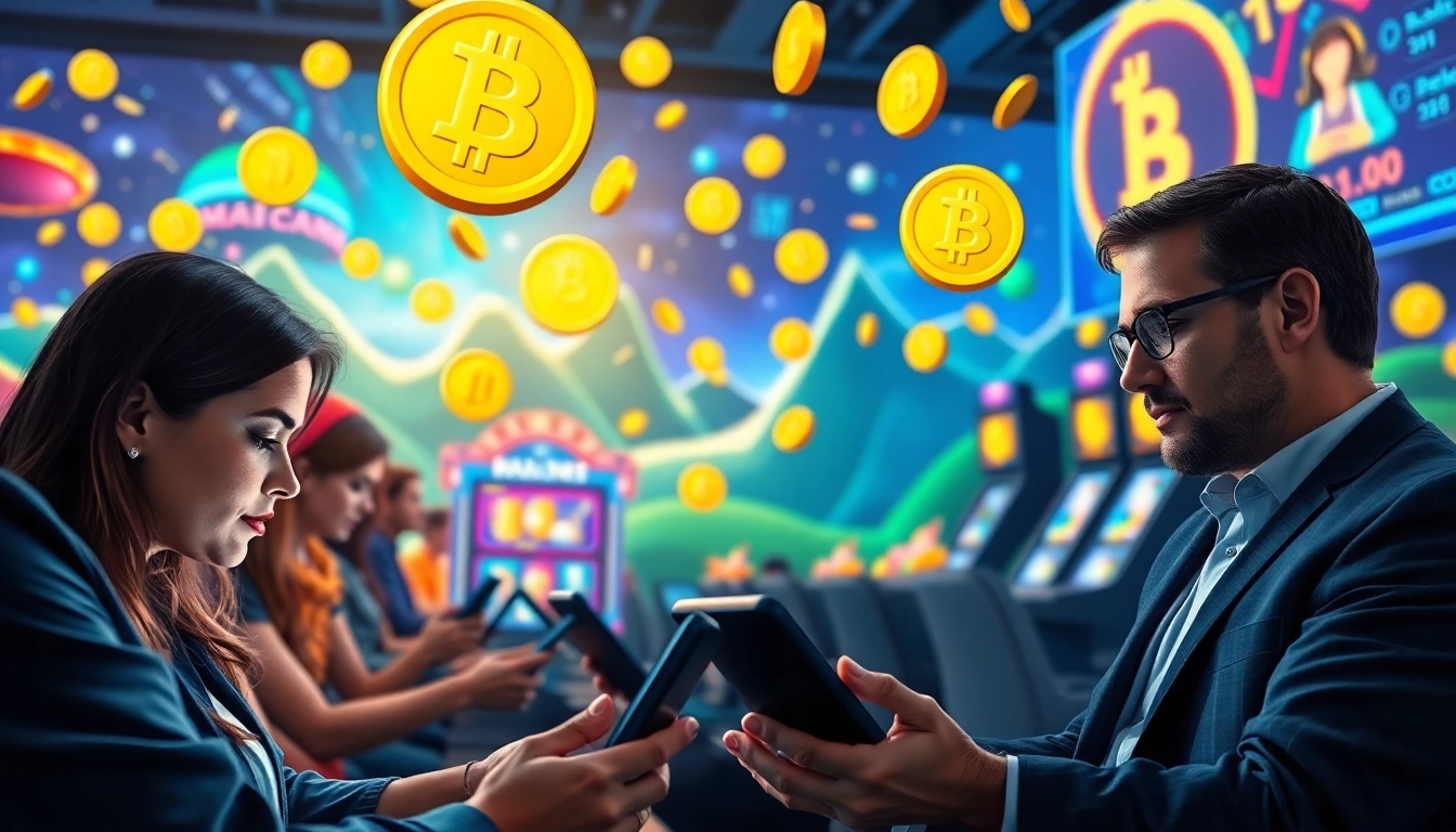 Les joueurs heureux s'engagent dans les Bitcoin casinos, entourés de symboles numériques.