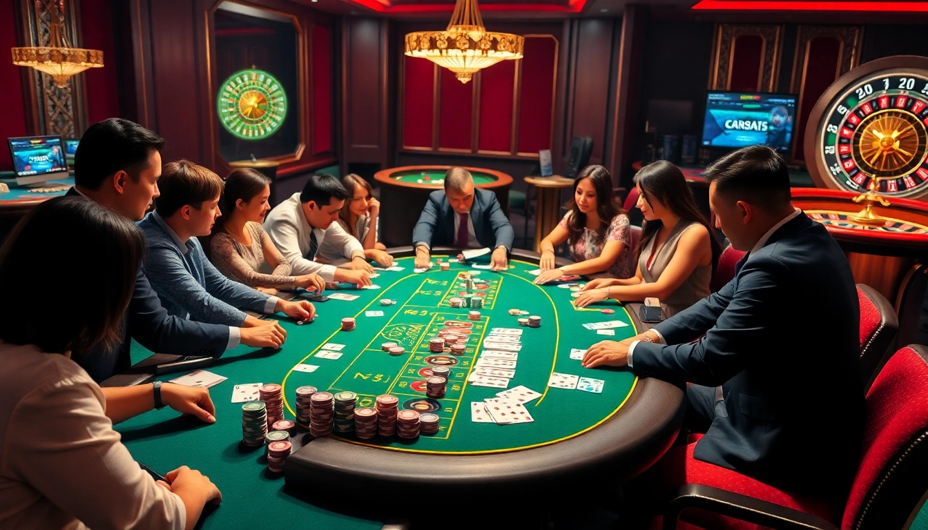 Exciting gaming action at lc88 com casino with vibrant tables, chips, and players in focus.