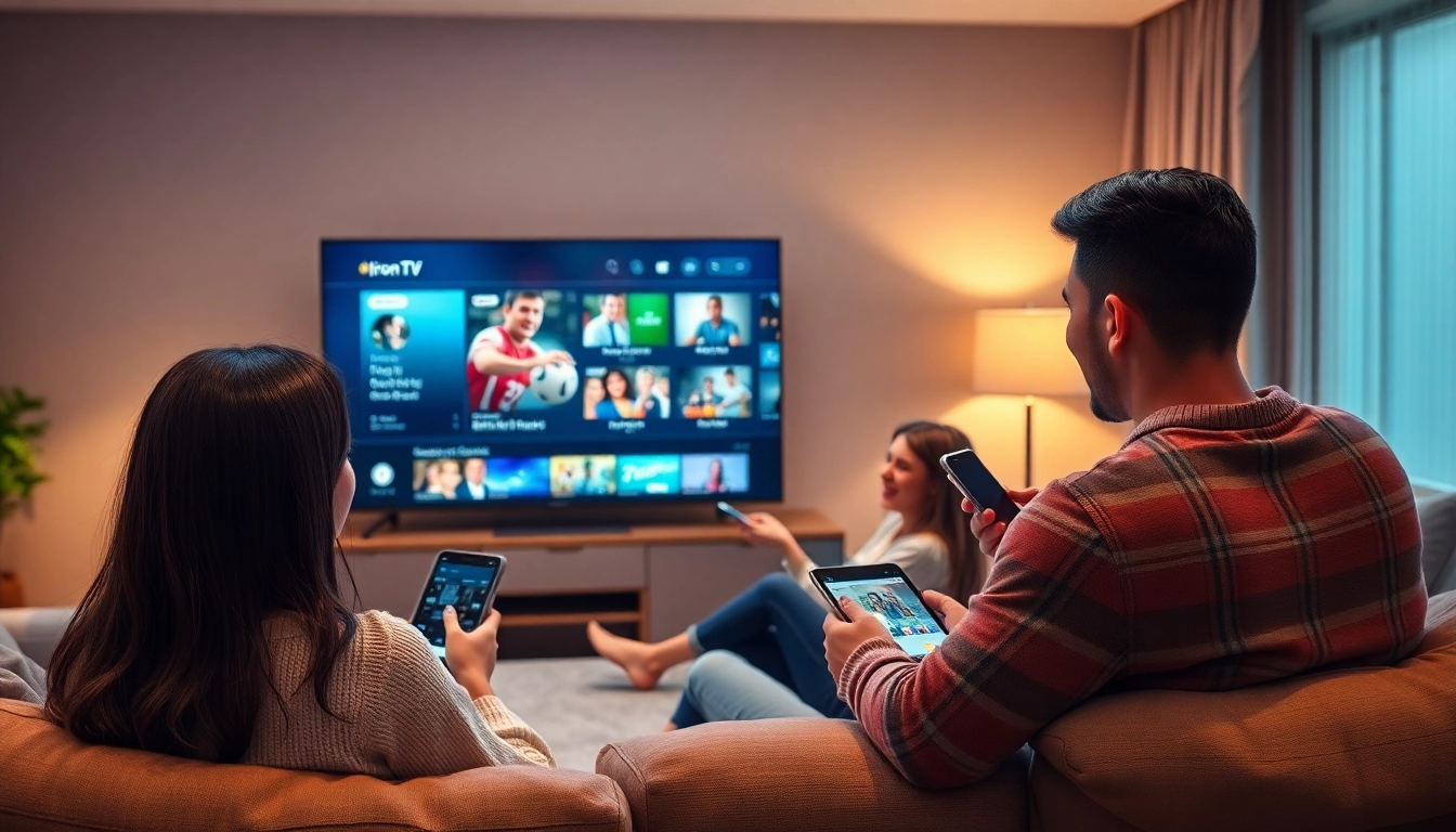 Iron tv pro on a Smart TV showcasing a happy family streaming live sports and movies.