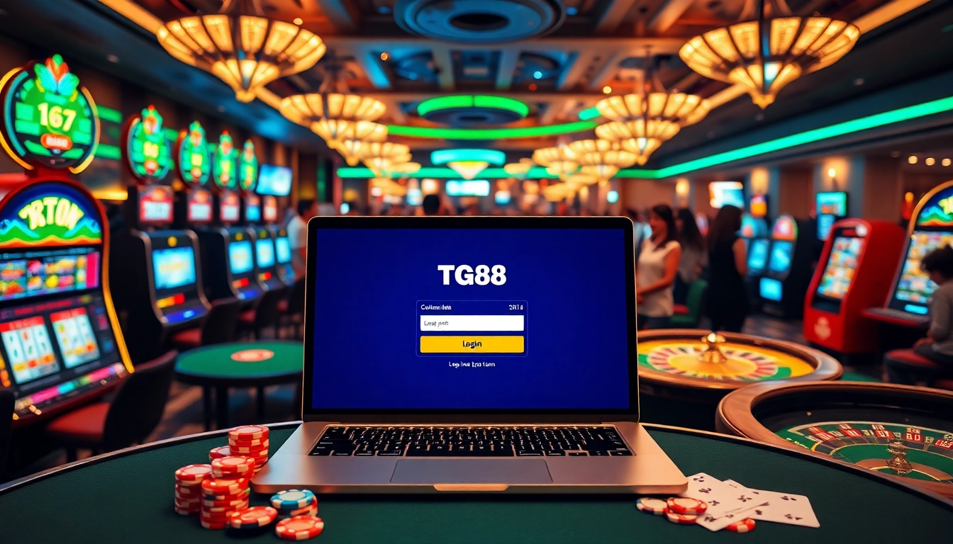 Experience tg88 đăng nhập with vibrant slot machines and poker games in a luxurious casino setting.