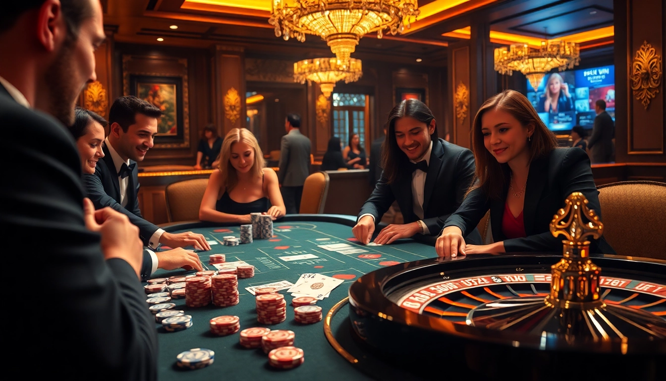 Players enjoying an exciting card game at the KK WIN casino, showcasing vibrant chips and a roulette wheel.