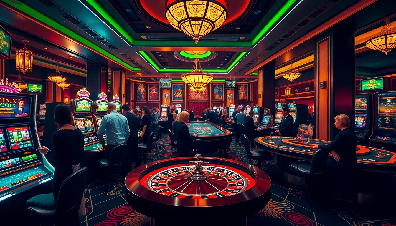 Gaming excitement at a Bitcoin casino highlighted by slot machines and roulette wheels.