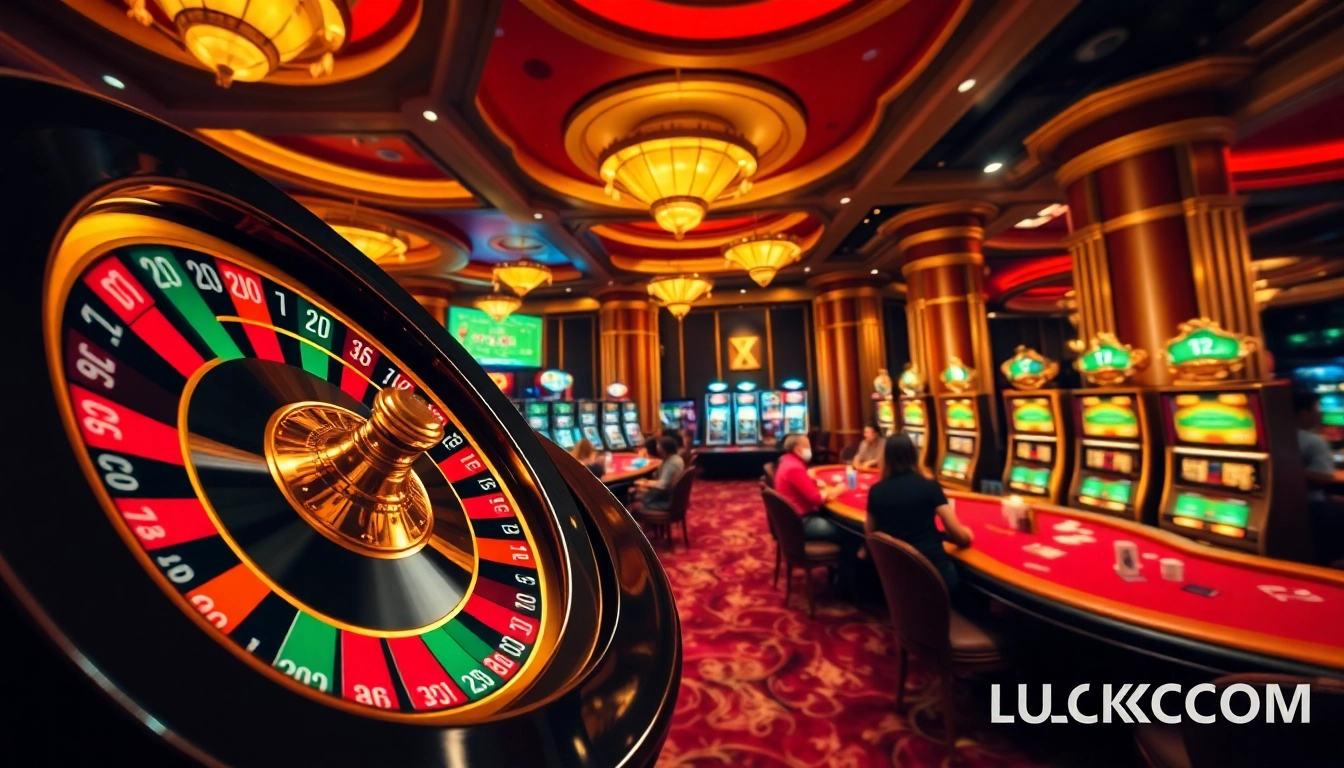 Engaging casino scene at LUCK8 COM with roulette, poker, and slot games in action.