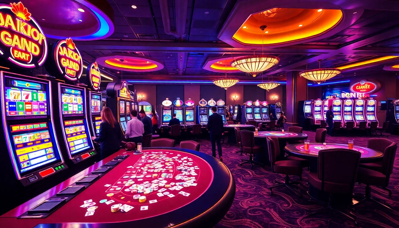 Joueurs amusants dans un casino en ligne avec des machines à sous et des tables de jeux. related image