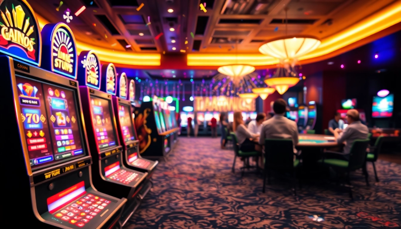 Vibrant online casino en ligne gaming scene with colorful machines and excited players.