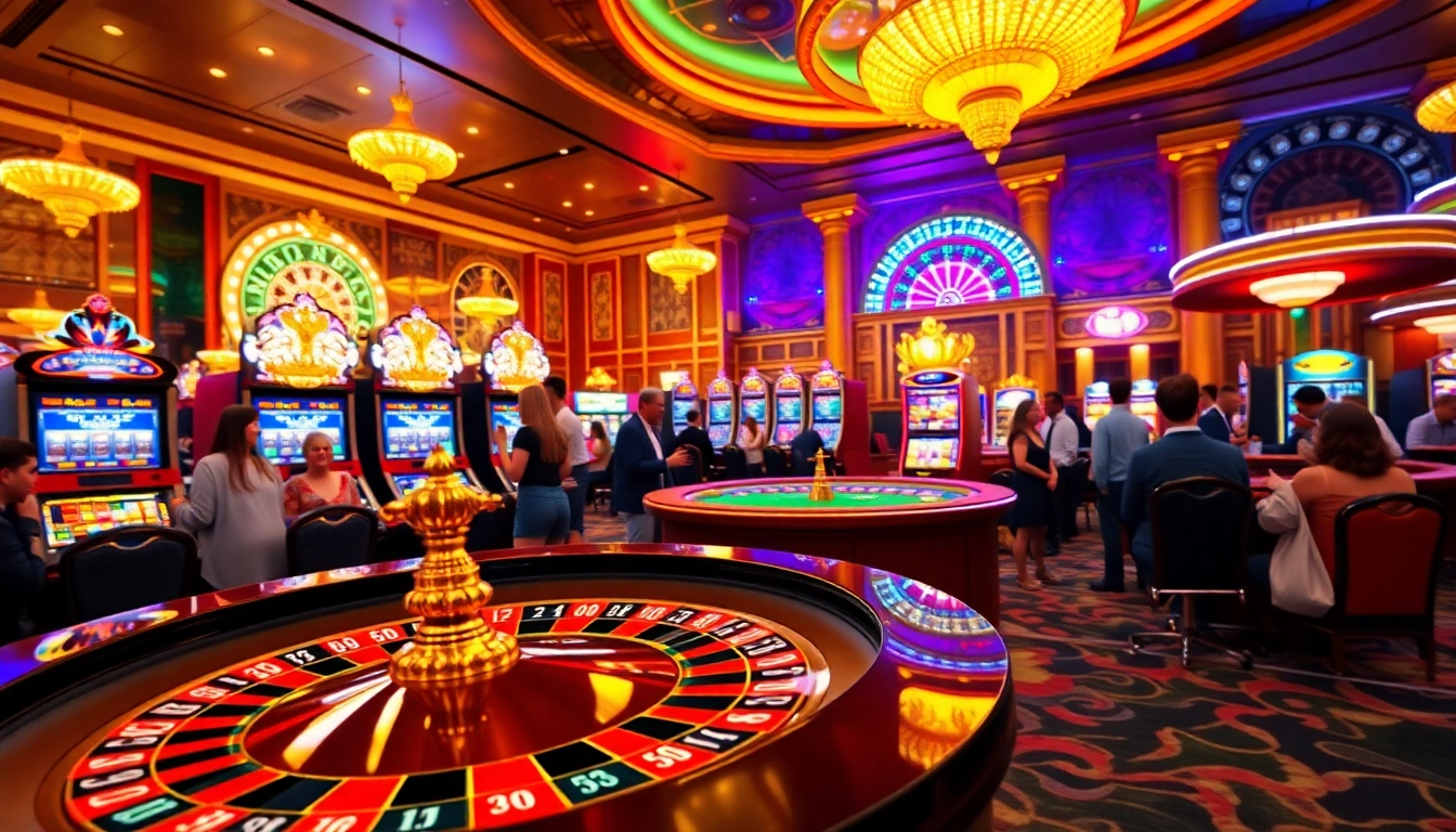 Casino en ligne retrait immédiat avec une ambiance dynamique et festive, illustrant des joueurs enthousiastes. related image