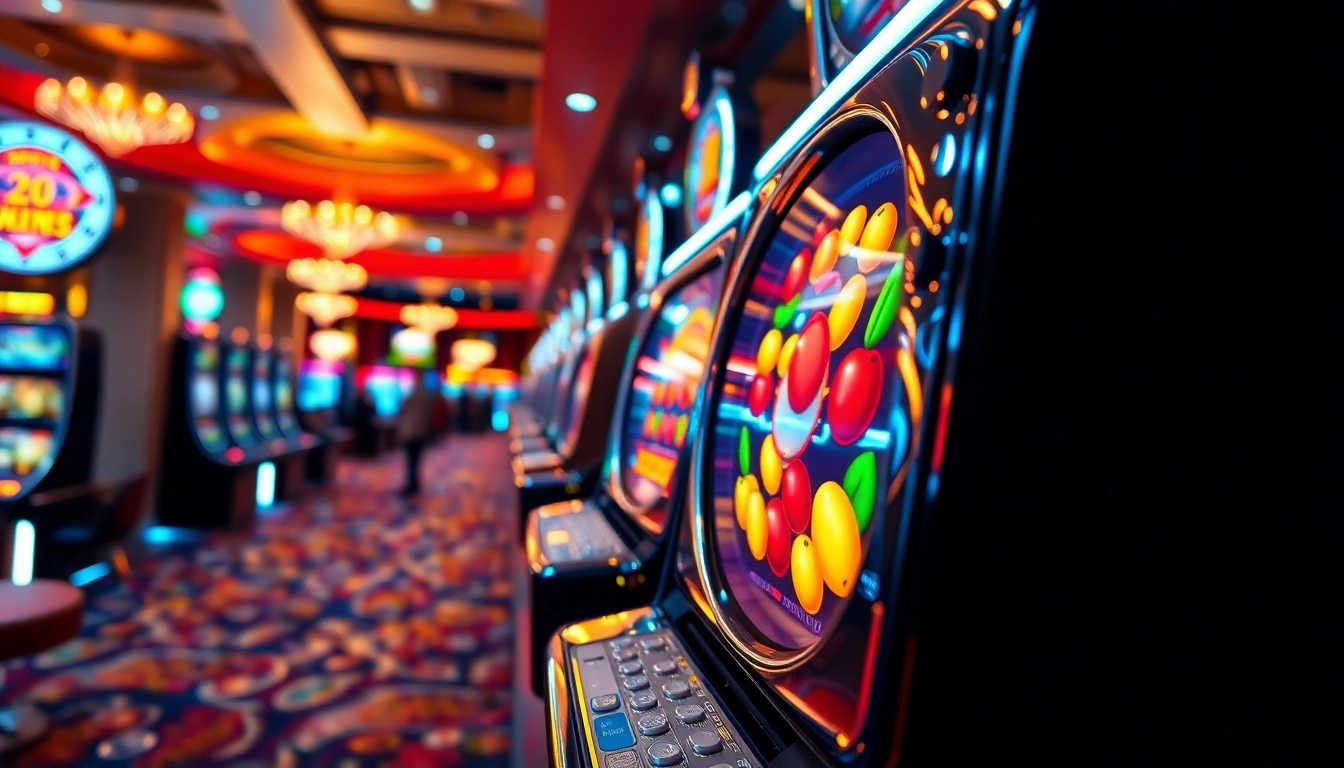Jouer à la machine à sous casino avec des lumières scintillantes et des pièces dorées.