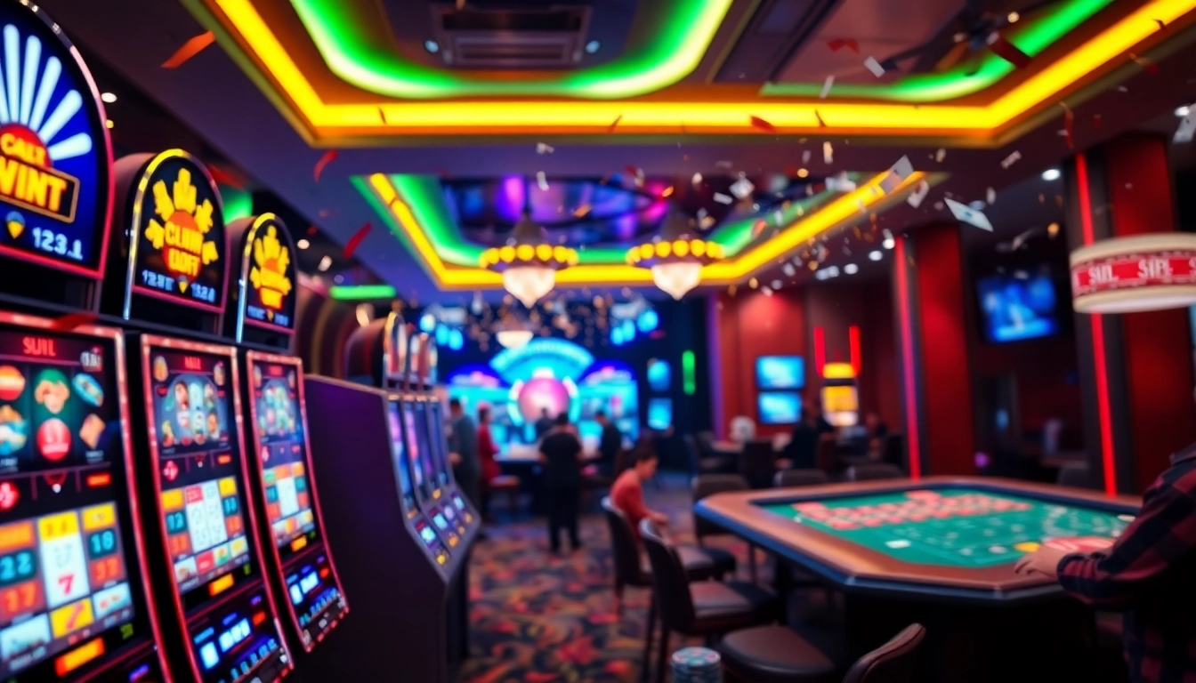 Vibrant online casino en ligne gaming scene with colorful machines and excited players. related image