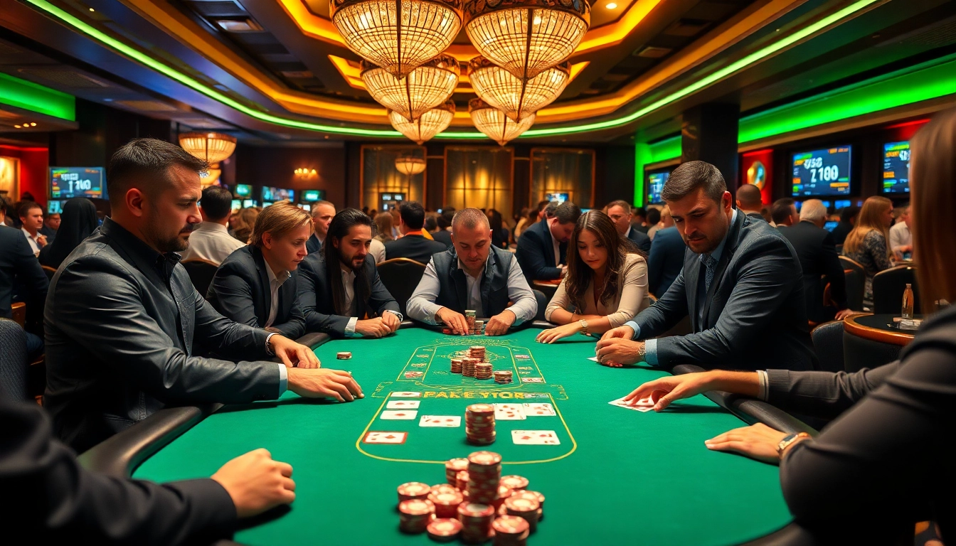 Jouant au poker en ligne avec des joueurs divers dans un casino vibrant. related image